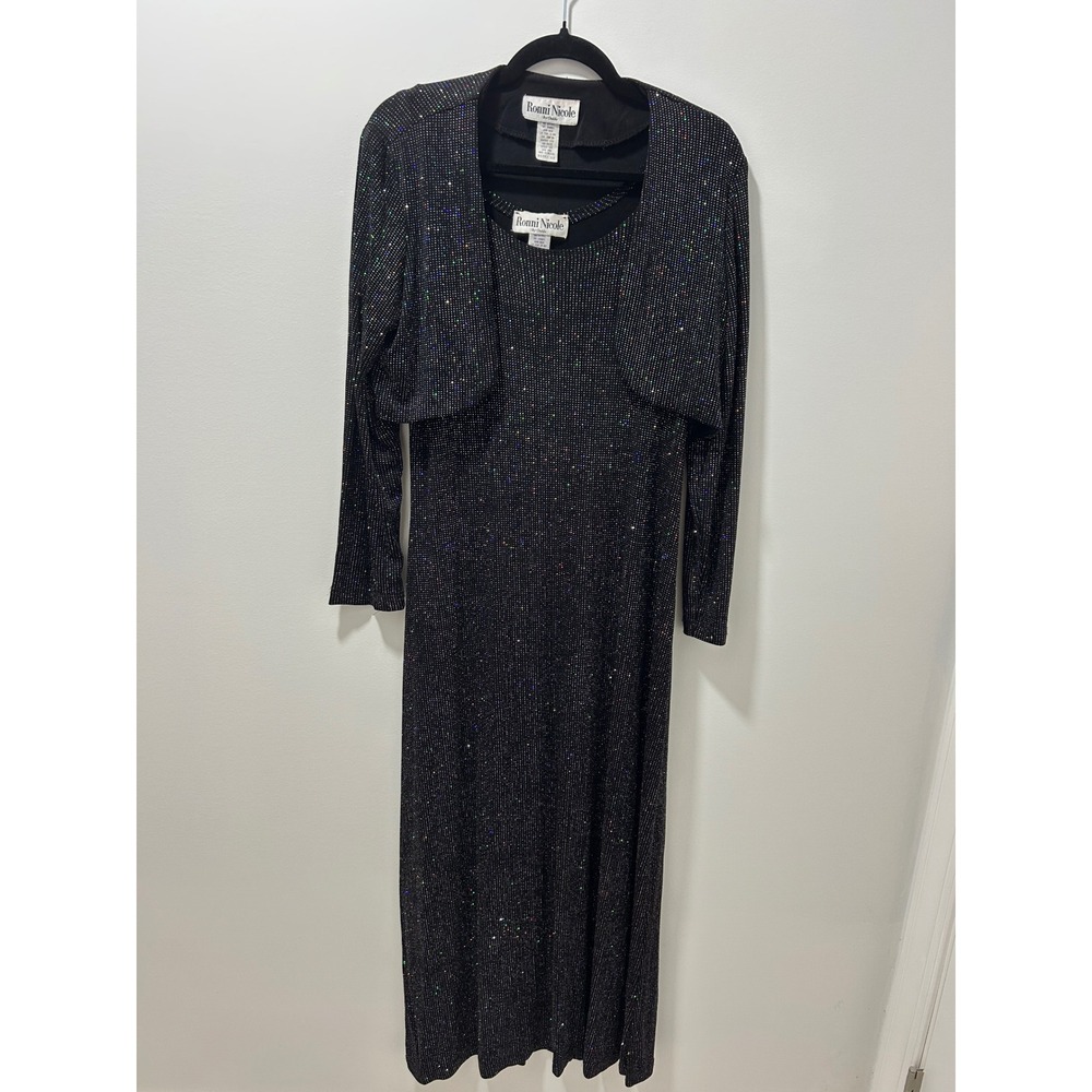 Ronni Nicole Rainbow Glitter Black Maxi Dress &‎ Bolero Jacket Set Sz 12 Holiday